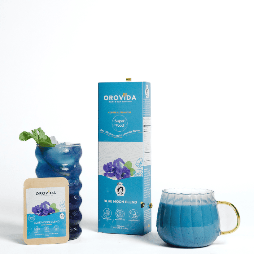 Orovida Blue Moon Blend packaging with a blue drink and mug on a white background