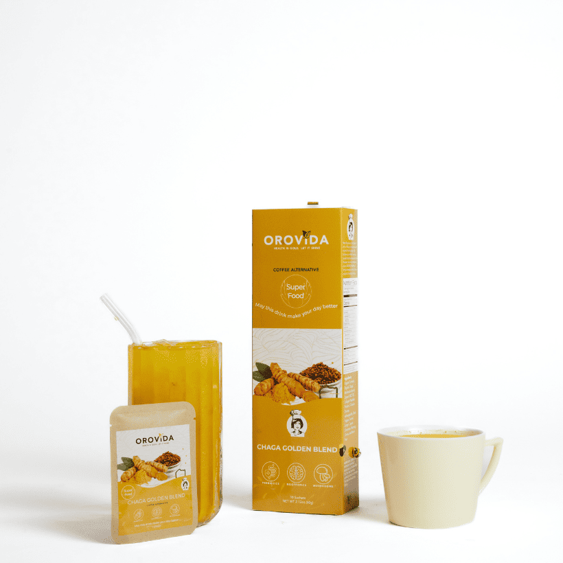 Orovida Chaga Golden Blend packaging with a cup and pouch on a white background