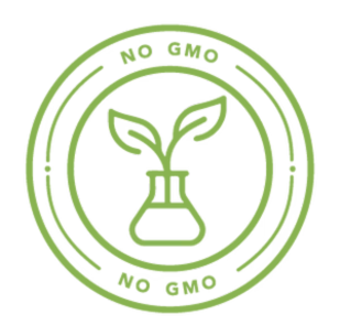 Green 'No GMO' logo with a plant and beaker design on a white background