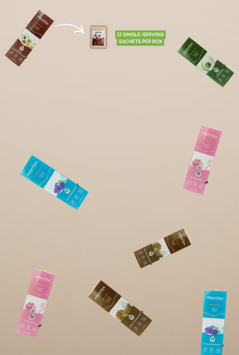 Various single-serving sachets on a beige background with text indicating 12 per box.