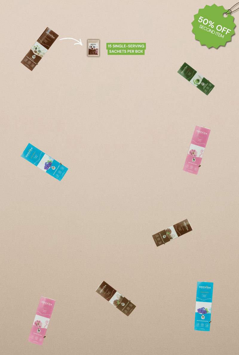 Promotional graphic of single-serving sachets with product details on a beige background