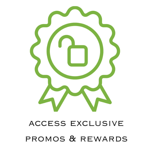 Green badge icon with a lock symbol and text 'Access Exclusive Promos & Rewards' on a white background