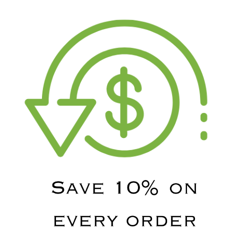 Green dollar sign with an arrow and text 'Save 10% on every order' on a white background