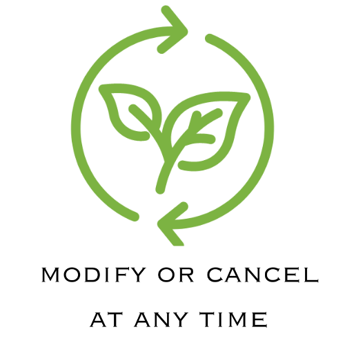 Green leaf symbol with arrows and text 'Modify or cancel at any time' on a white background
