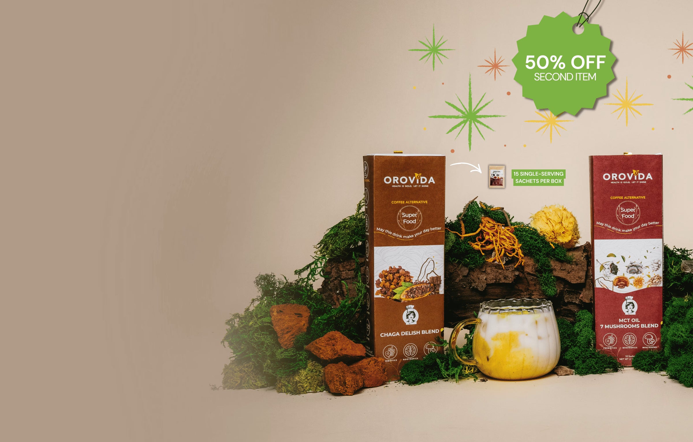 Orovida product packaging with a decorative background and promotional tag.