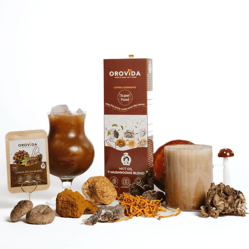 Orovida mushroom products including a box, jar, and dried mushrooms on a white background