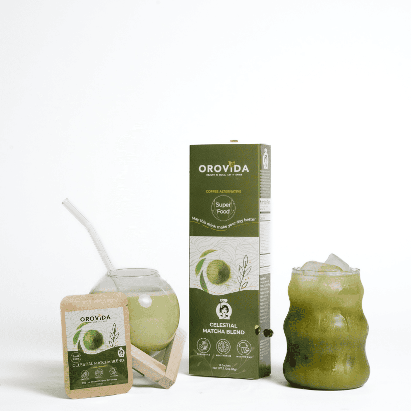 Orovida matcha product packaging with a green drink on a white background