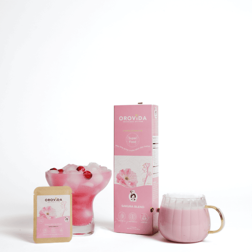 Orovida product packaging including a pink mug, box, and sachet on a white background