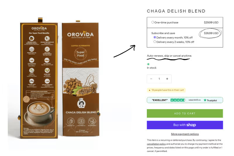 Orovida Chaga Delish Blend packaging with an online purchase interface.